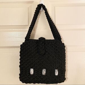 70's Macrame Tote Bag - Vintage Large Black Purse w/ Beads - 1970's Accessories
